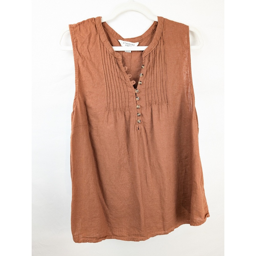 Linen Pintuck Button Henley Tank Size XL Rust Orange Coastal Layer Beach Resort
